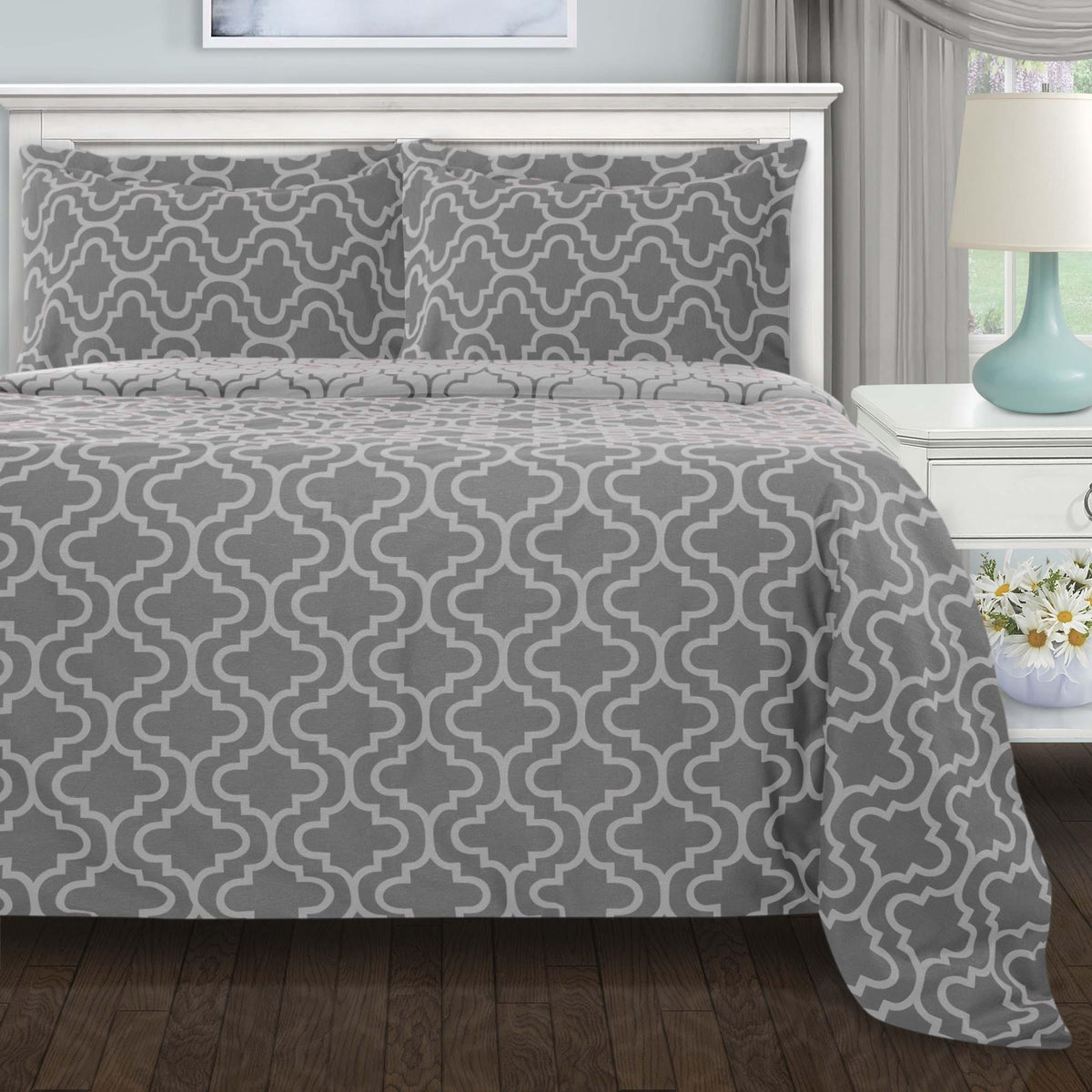 Cotton Flannel Solid Trellis Duvet Cover Set with Button Closure