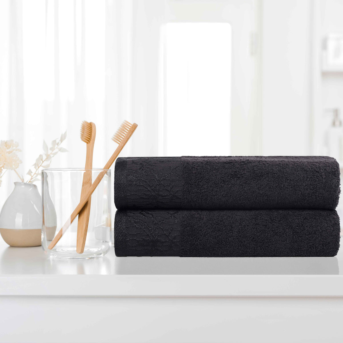 Wisteria Cotton Floral Jacquard Border Bath Towels, Set of 2